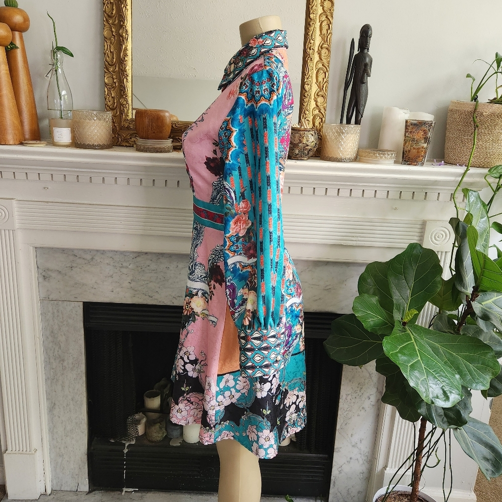 Dalia MacPhee Green Pink Floral Dress Size M Jacquard Bohemian Retro Patchwork - Picture 4 of 10